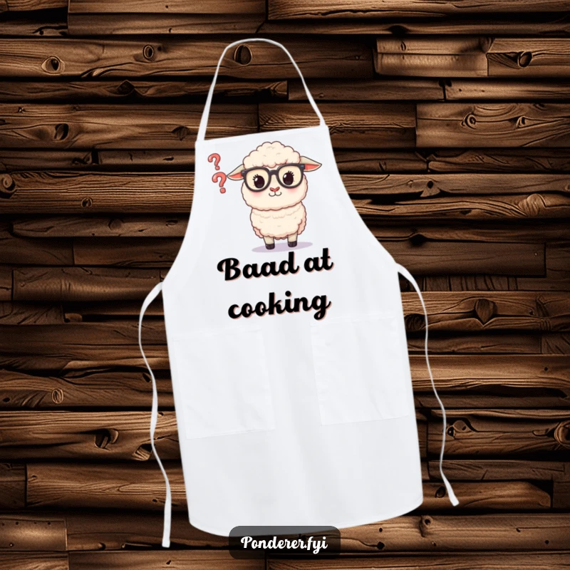 Funny Sheep Glasses Apron: Durable apron featuring a fluffy sheep in glasses, intently studying a question mark.