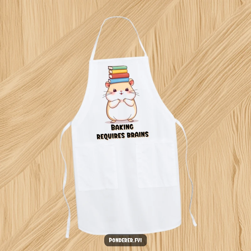 Funny hamster apron showing a wise rodent wearing an apron and balancing books, ready for kitchen duties with humor.