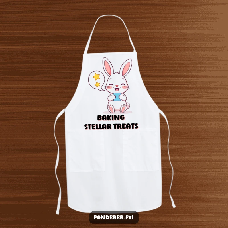 Funny apron with a cheerful rabbit character holding a speech bubble full of stars, ideal for adding humor to cooking.