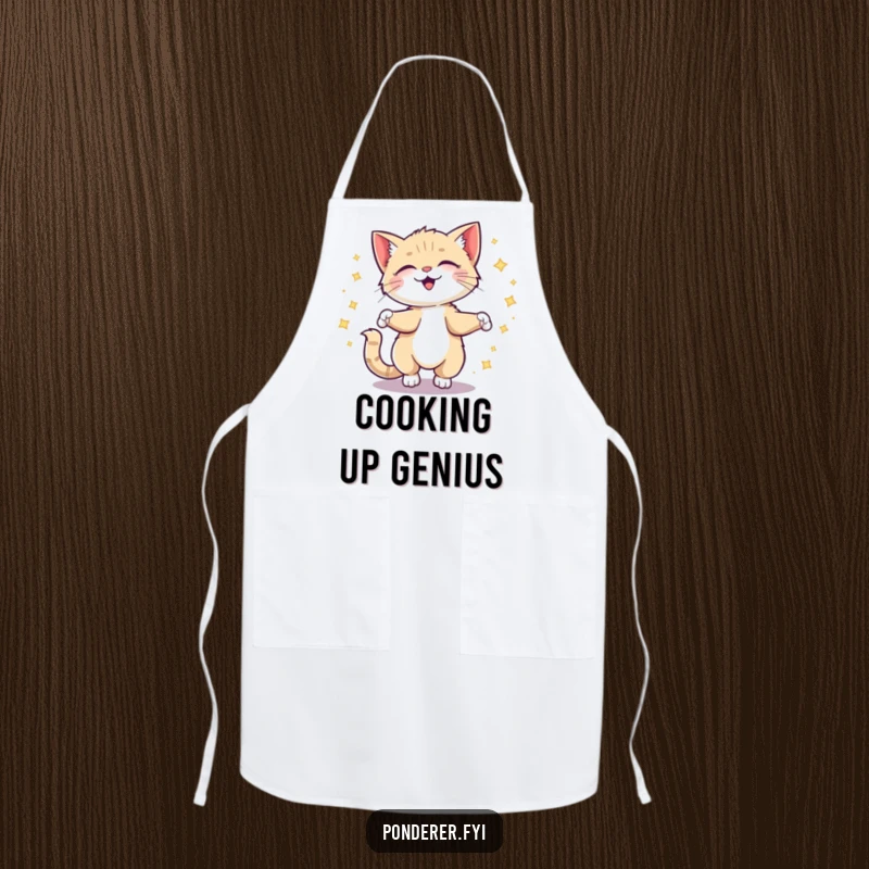 Funny kitten apron depicting a giggling cat spinning with sparkling ideas, a practical and humorous kitchen accessory.