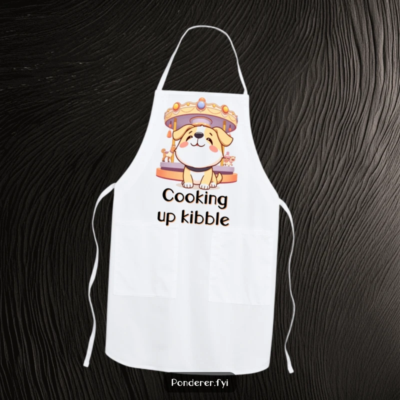 Funny dog apron showing a happy dog looking up at a spinning carousel of thoughts, adding a touch of happy contemplation to kitchen tasks.