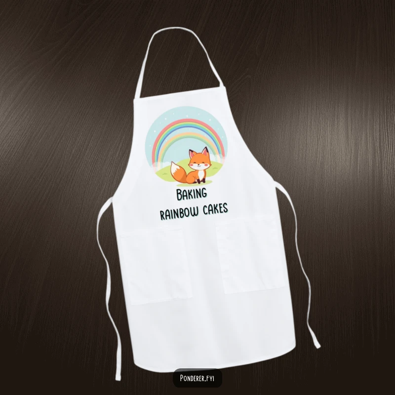Funny apron with a cheerful fox looking at a rainbow over a small hill. Humorous and practical kitchen accessory.