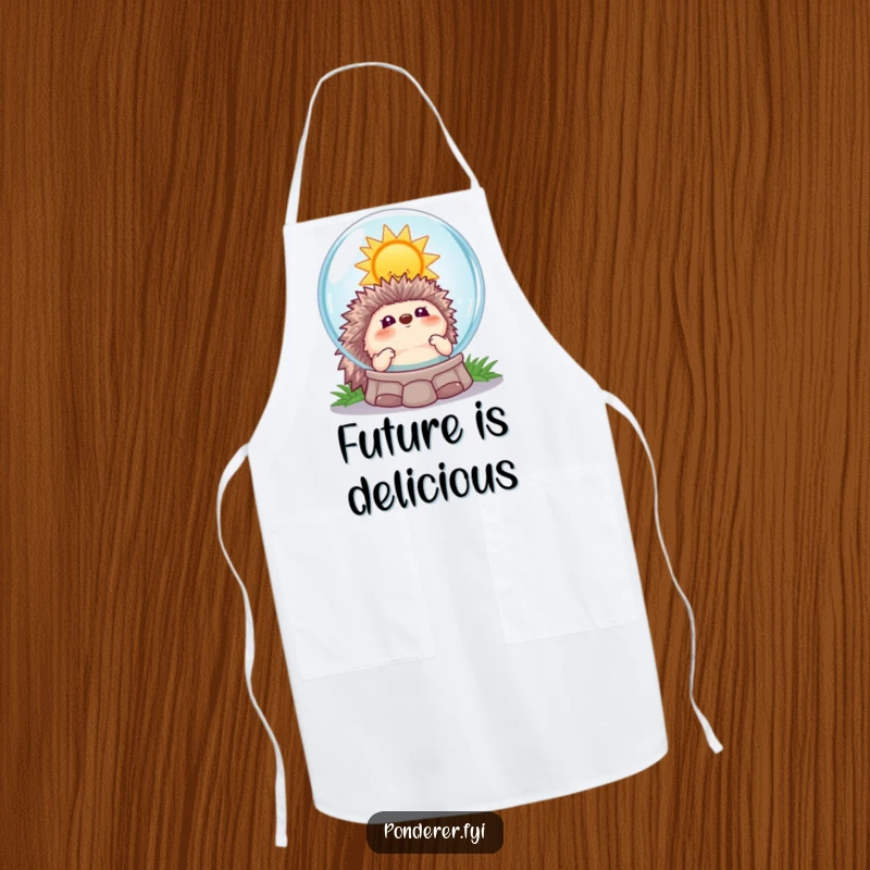 Funny hedgehog fortune apron, a hedgehog looking into a crystal ball at a smiling sun, for humorous kitchen fun.
