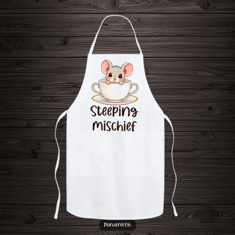 Funny apron with a curious mouse peeking out from a teacup. Humorous and practical kitchen accessory.