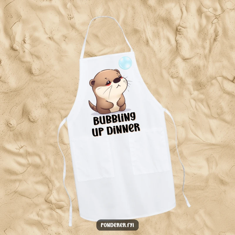 Funny kitchen apron featuring a pensive otter staring intently at a shimmering bubble. Humorous culinary protection.