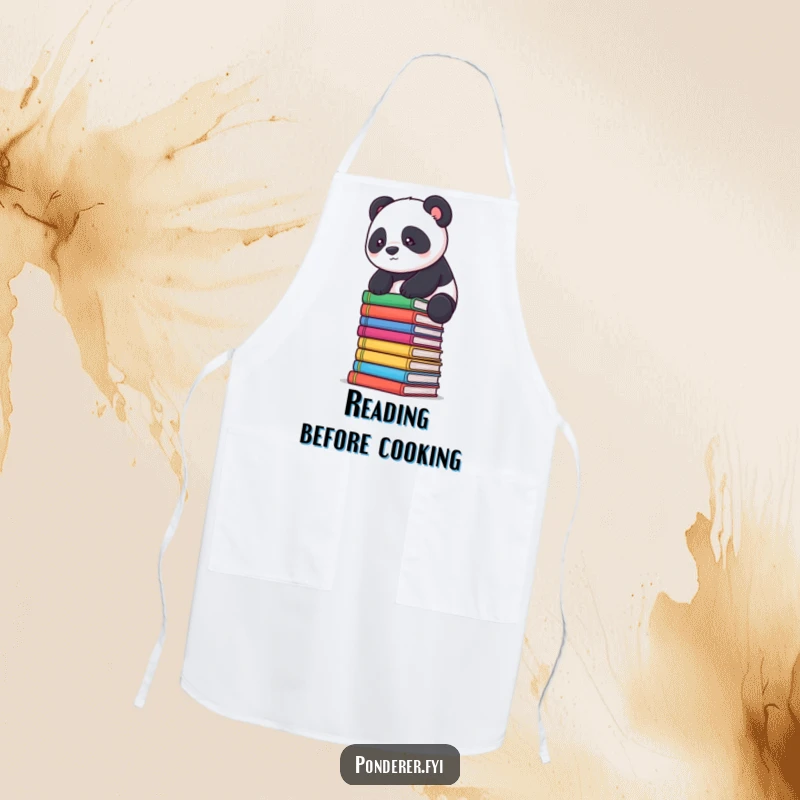 Funny panda scholar apron: a determined panda balances on books, a humorous kitchen garment.
