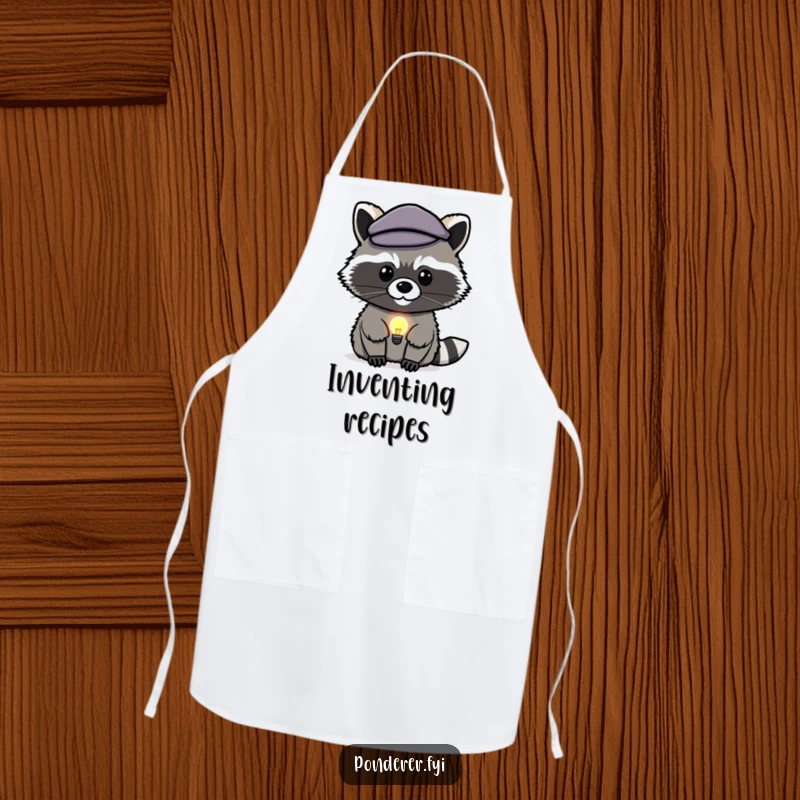 Funny raccoon genius apron: a clever raccoon in a beret strokes chin under a lightbulb, a kitchen garment.