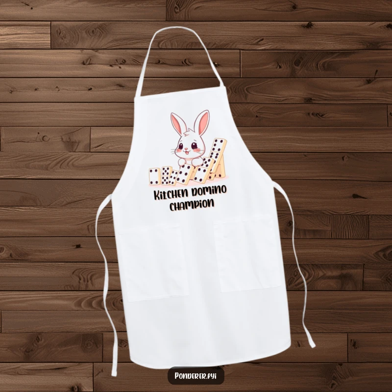 Funny rabbit domino apron, smiling rabbit observing falling dominoes, humorous kitchenware, perfect funny gift for cooks.