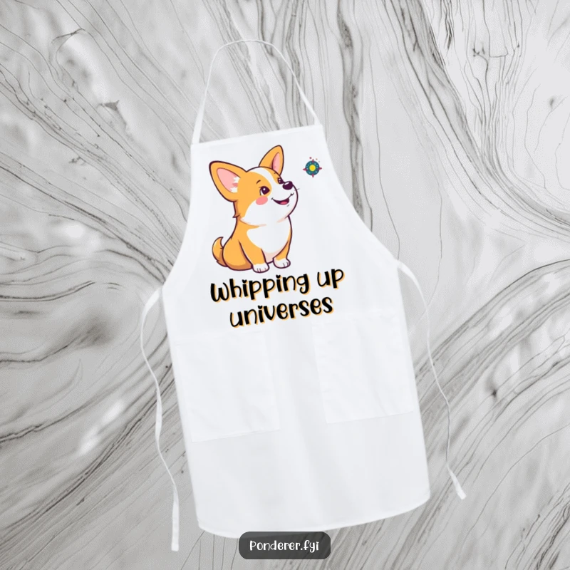 Funny corgi apron featuring a corgi contemplating a small spinning galaxy, ideal for a humorous and practical kitchen accessory.