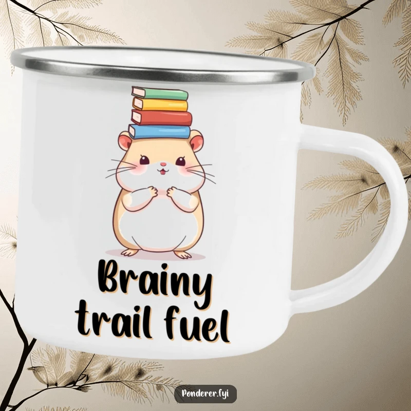 Funny hamster camping mug depicting a wise rodent balancing books, ready for outdoor adventures and hot drinks. Durable and humorous.