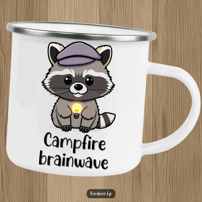 Funny raccoon genius camping mug: a stealthy raccoon with a lightbulb, durable for outdoor adventures.