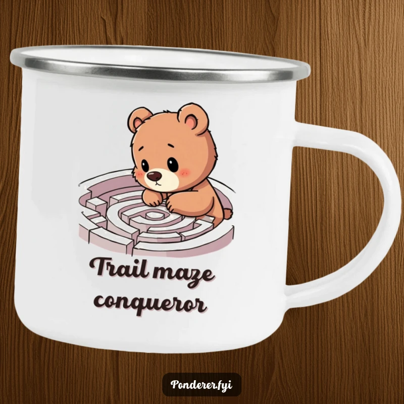 Funny bear cub labyrinth camping mug, cub examining a maze with excitement, durable humorous drinkware, ideal outdoor gift.