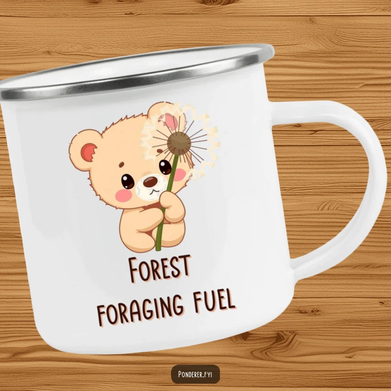 Funny curious bear cub police officer camping mug, peeking from behind a dandelion, rugged and humorous.