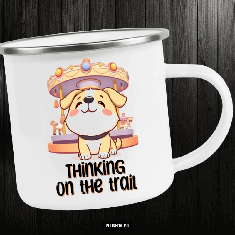 Funny dog camping mug featuring a happy dog looking up at a spinning carousel of thoughts, perfect for outdoor adventures.