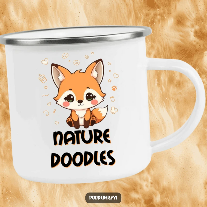 Funny camping mug with a playful fox character looking quizzical, surrounded by doodles, perfect for outdoor creativity and hot drinks.