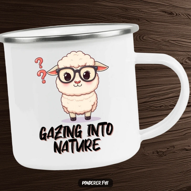 Funny Sheep Glasses Camping Mug: Sturdy mug featuring a fluffy sheep in glasses looking at a question mark.