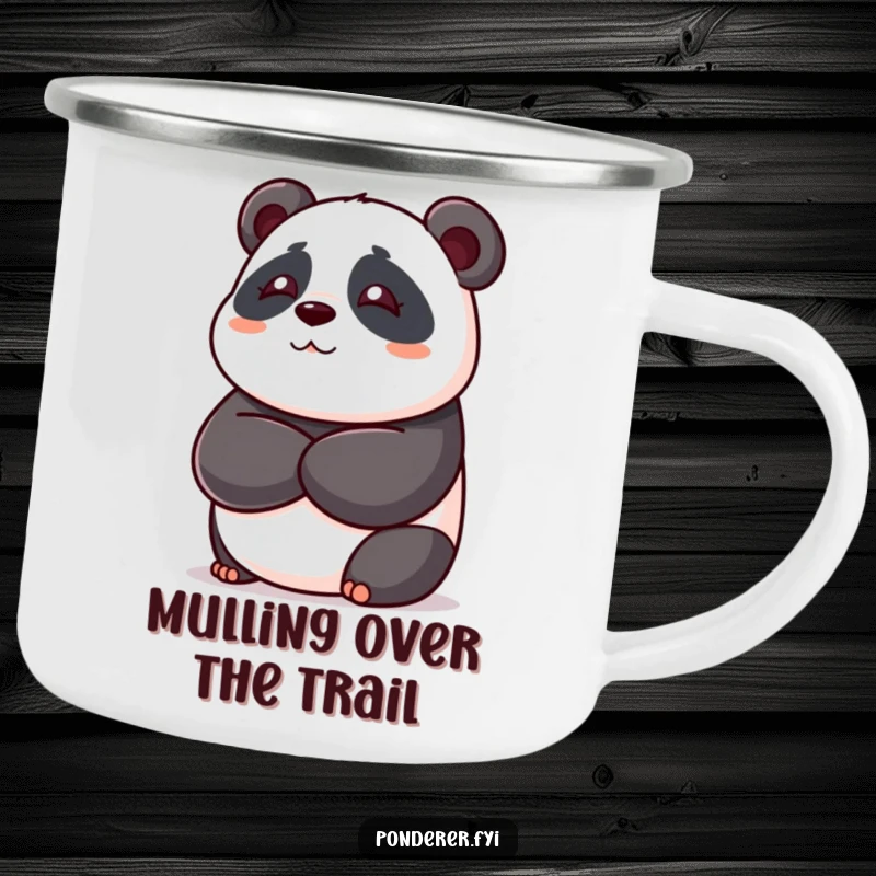 Funny panda bear camping mug, playful bear with crossed arms deep in thought, durable and humorous, ideal outdoor gift.