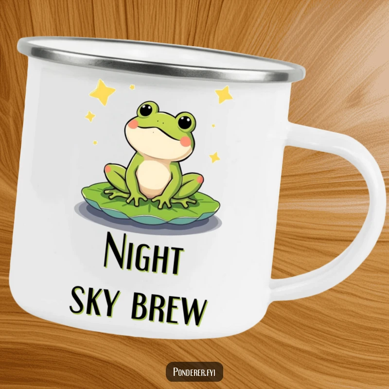 Funny camping mug with a content frog on a lily pad, gazing at a starry night sky. Durable and humorous for adventures.