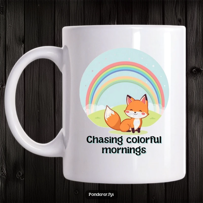 Funny mug with a cheerful fox looking at a beautiful rainbow arching over a small hill. Joyful and whimsical.