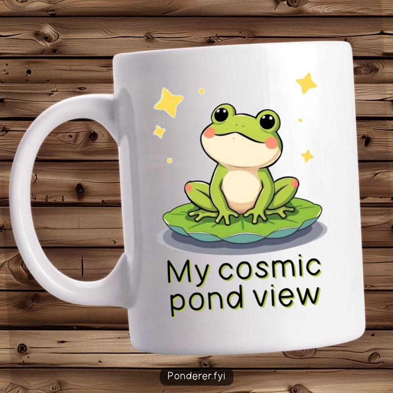 Funny mug with a content frog on a lily pad, gazing thoughtfully at a starry night sky. Perfect for contemplative moments.