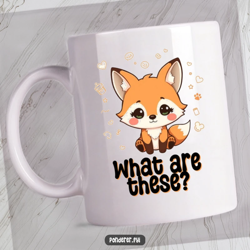 Funny mug with a playful fox character looking quizzical, surrounded by colorful floating doodles, perfect for sparking imagination.