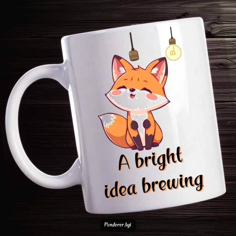 Funny happy fox looking upwards with excitement at a dangling lightbulb. A design about inspiration and humor.
