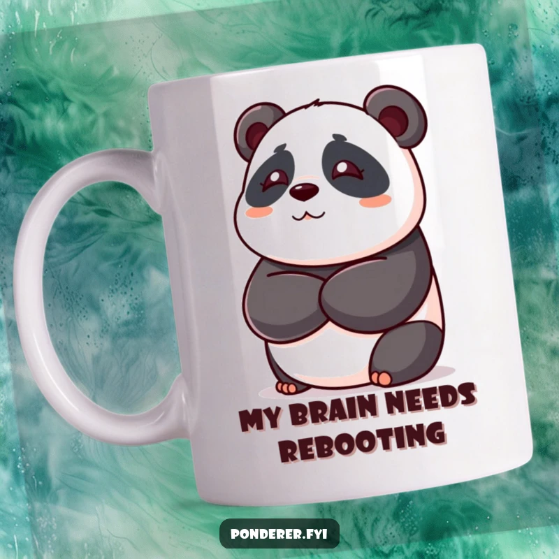 Funny panda bear mug with crossed arms, looking thoughtful and contemplating life's mysteries with a humorous expression.