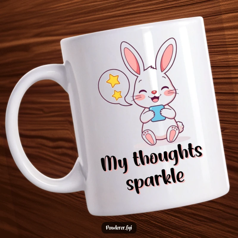 Funny mug featuring a cheerful rabbit character with a speech bubble brimming with twinkling stars, perfect for imaginative gift-givers.