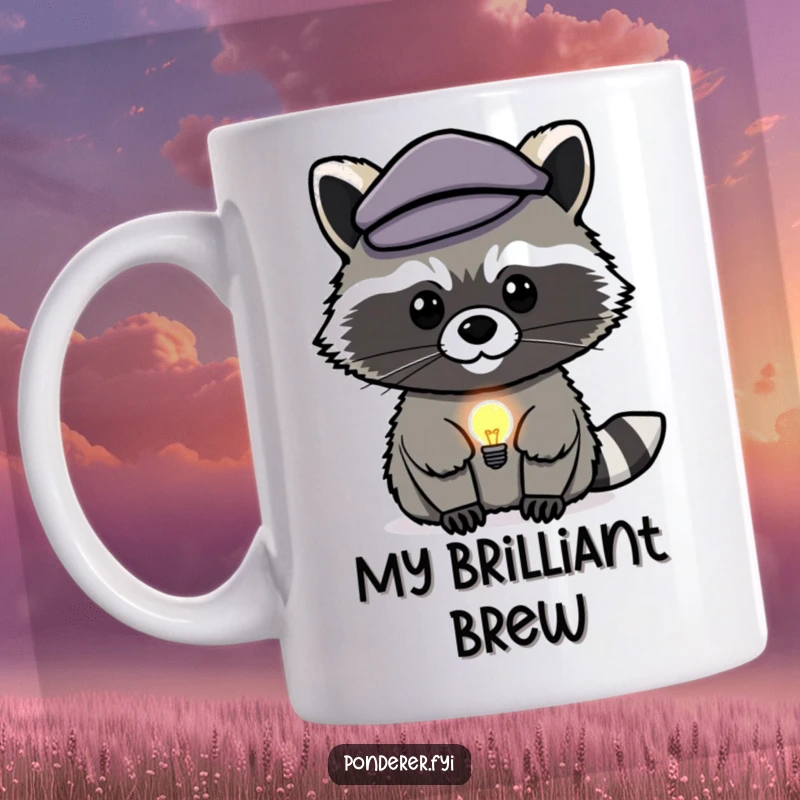 Funny raccoon genius mug: a stealthy raccoon in a beret strokes chin, lightbulb icon appears.