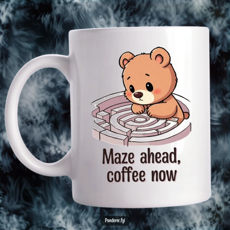 Funny bear cub mug, thoughtful cub examining a complex labyrinth with excitement and determination, humorous problem-solving theme, gift.