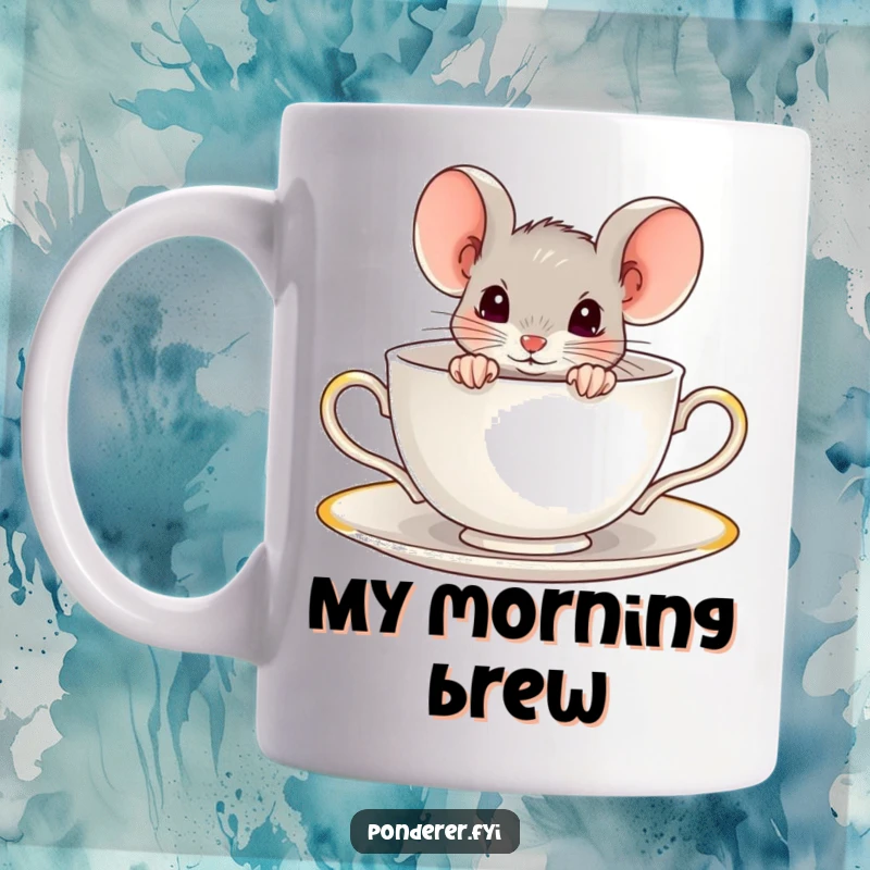 Funny mug with a tiny, curious mouse peeking out from the rim of a teacup. Cute and humorous.