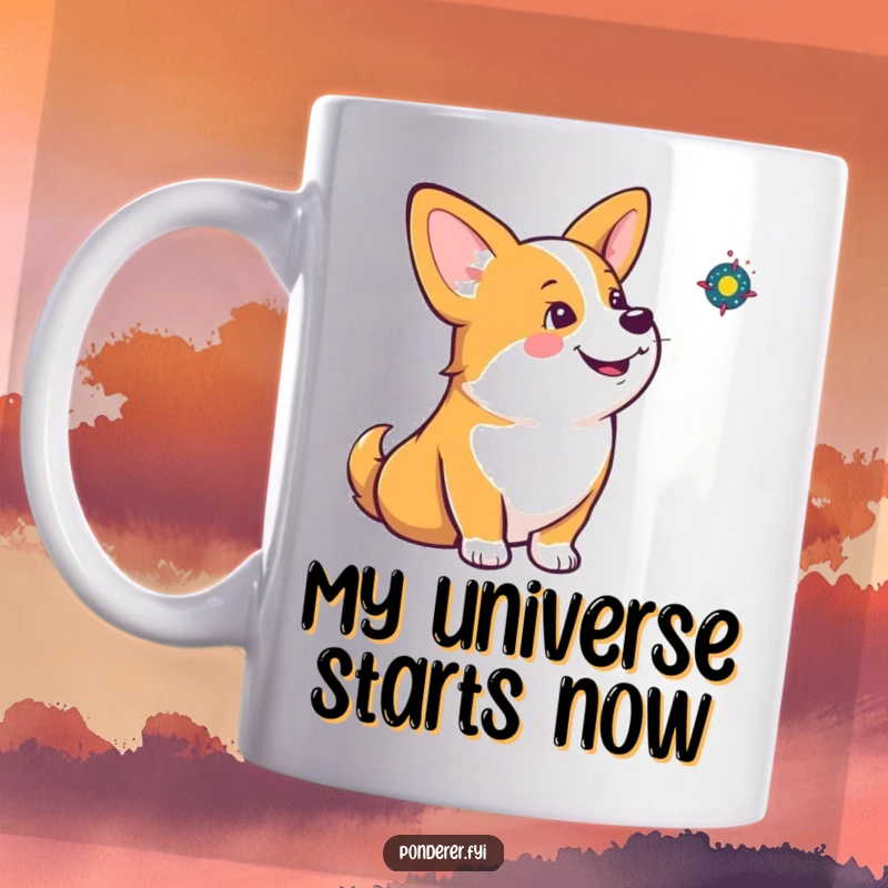 Funny corgi mug with head tilted, one ear up, looking at a tiny spinning galaxy, a truly amusing cosmic scene.