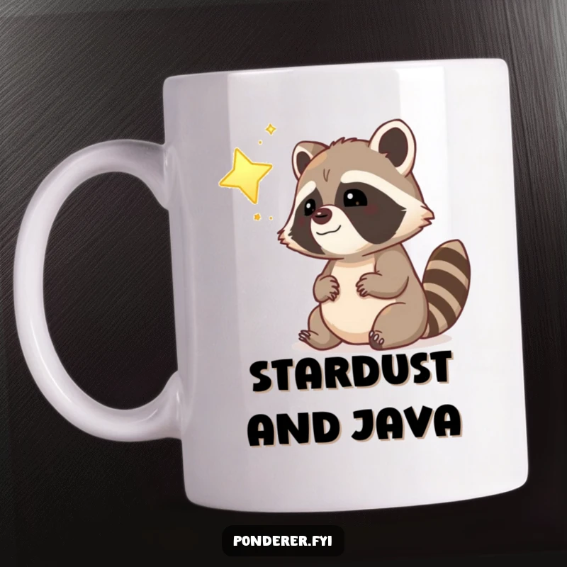 Funny dreamy raccoon police officer mug, gazing at a glowing star with a smile, lost in thought.