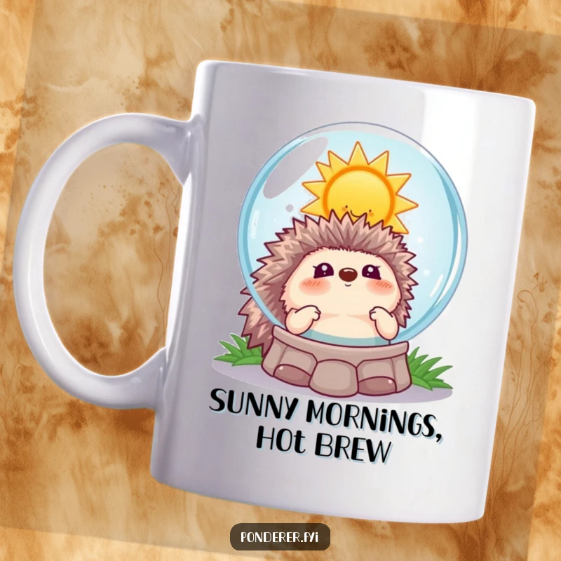 Funny hedgehog fortune mug, a playful hedgehog gazing into a crystal ball reflecting a smiling sun, bringing optimistic humor.