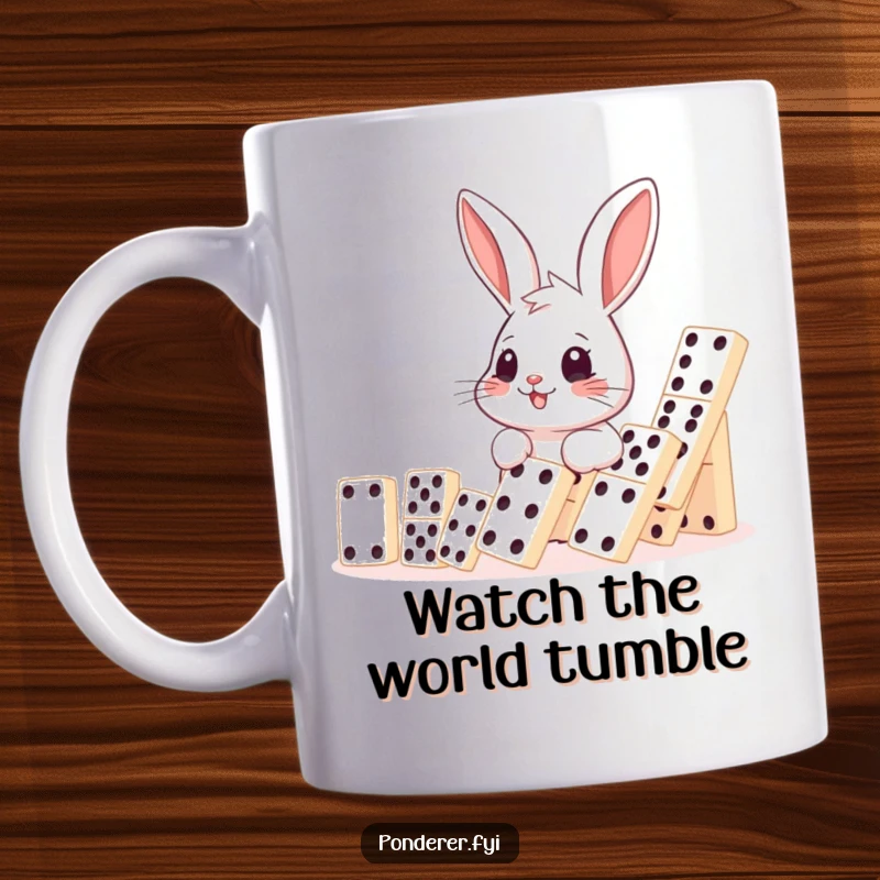 Funny smiling rabbit mug observing a cascade of falling dominoes, capturing a moment of joy and anticipation, humorous gift.