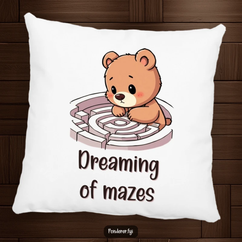 Funny bear cub labyrinth pillow, cub examining a maze with excitement, soft and humorous decor, ideal funny gift.
