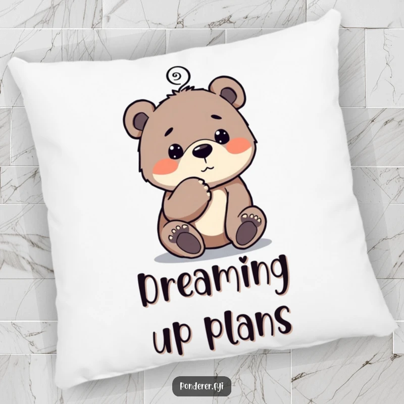 Funny Bear Cub Pillow: Plush pillow featuring a curious bear cub tapping its chin with a thought spiral above.