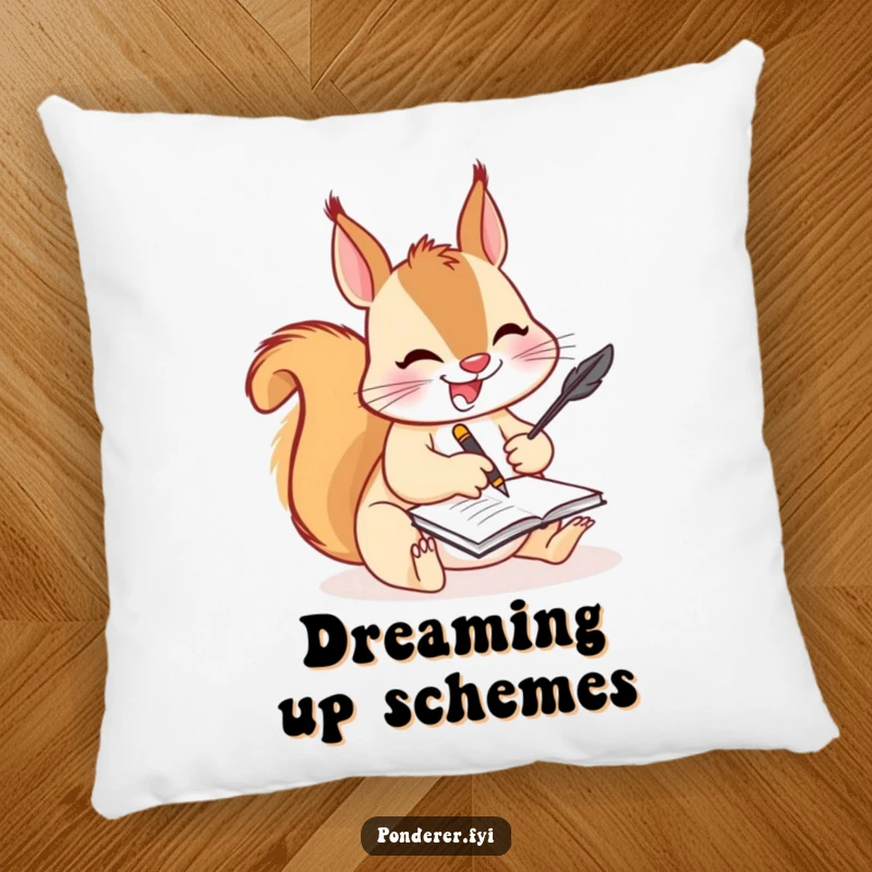 Funny squirrel writer pillow, a soft cushion depicting a squirrel engrossed in writing with a quill, for humorous comfort.