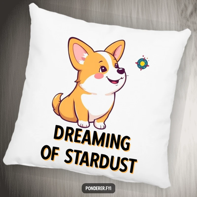 Funny corgi pillow displaying a corgi thoughtfully looking at a tiny spinning galaxy, offering plush comfort and humor.