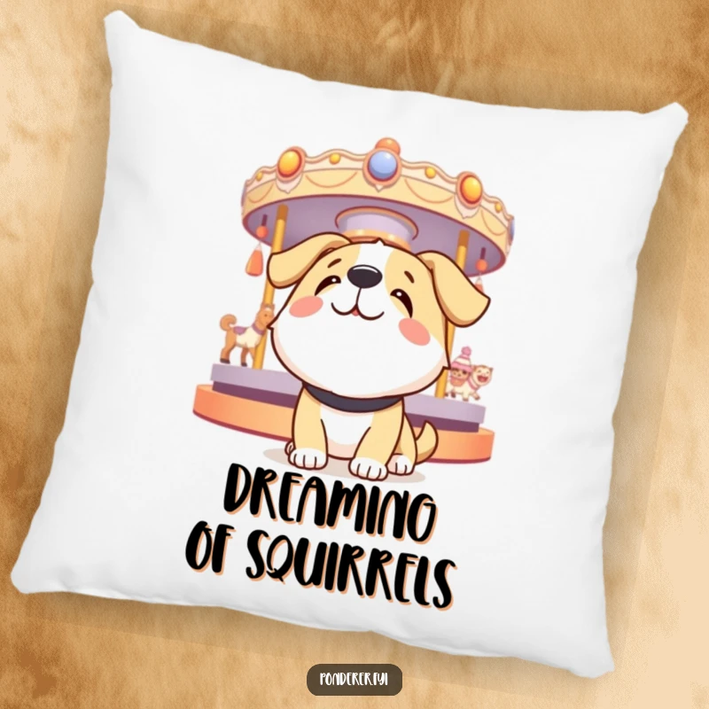 Funny dog pillow featuring a happy dog looking up at a spinning carousel of thoughts, offering comfort and joyful contemplation.