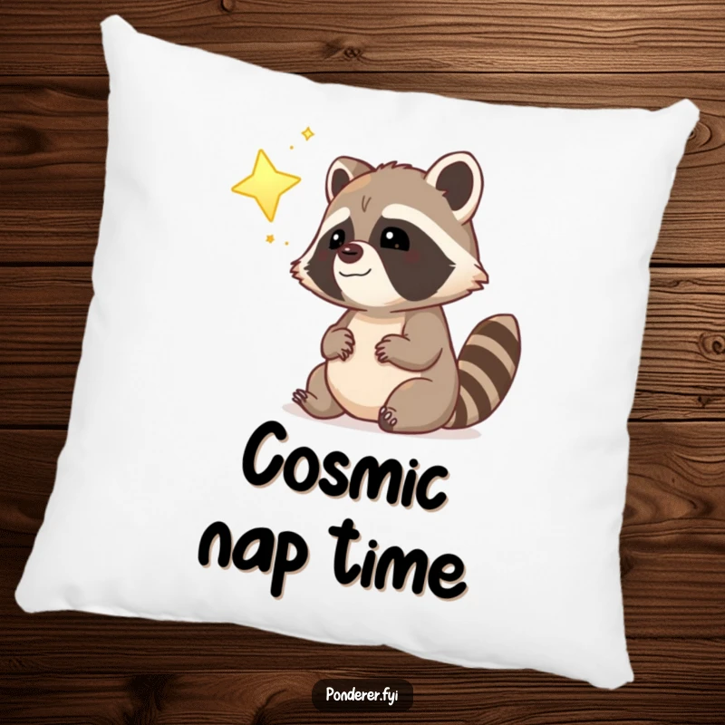 Funny dreamy raccoon police officer pillow, gazing at a glowing star, soft and humorous home accent.