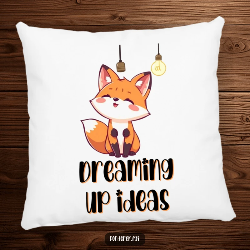 Funny pillow with a happy fox looking up at a dangling lightbulb. Soft, decorative, and humorous.