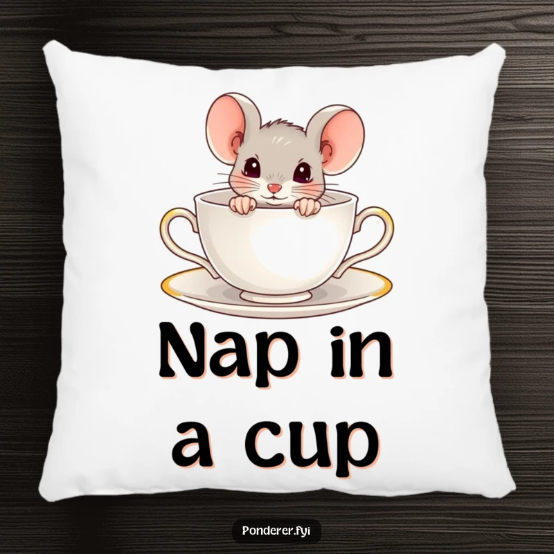 Funny pillow with a curious mouse peeking out from a teacup. Soft and whimsical decorative item.