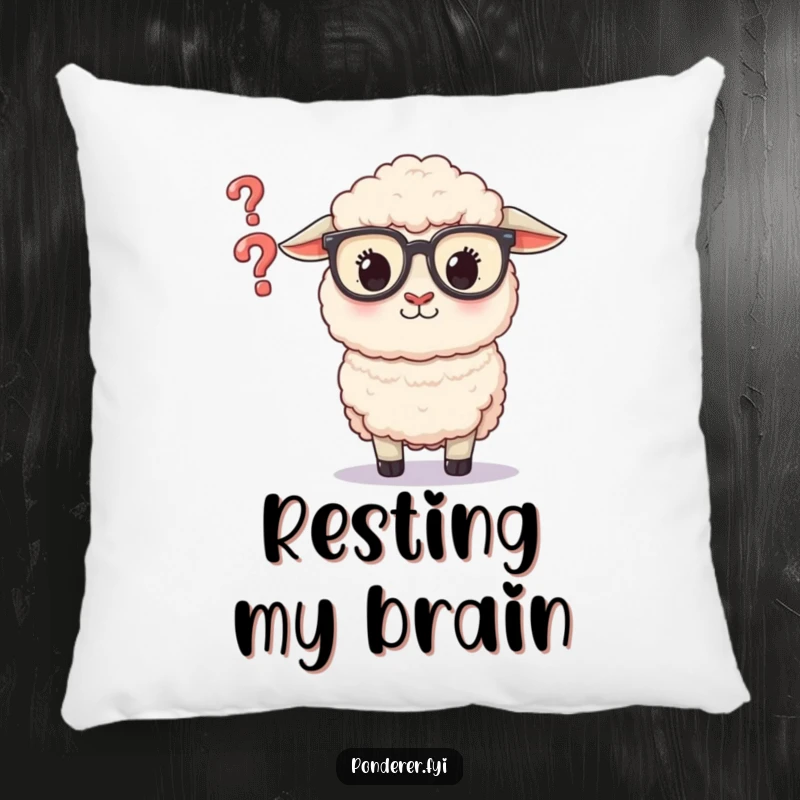 Funny Sheep Glasses Pillow: Plush pillow featuring a fluffy sheep in glasses intently observing a tiny floating question mark.