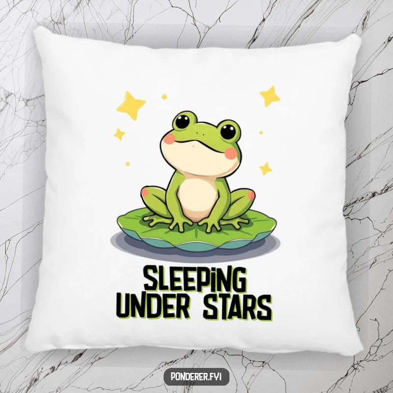 Funny pillow with a content frog sitting on a lily pad, looking up at a starry night sky. Soft and humorous decorative item.