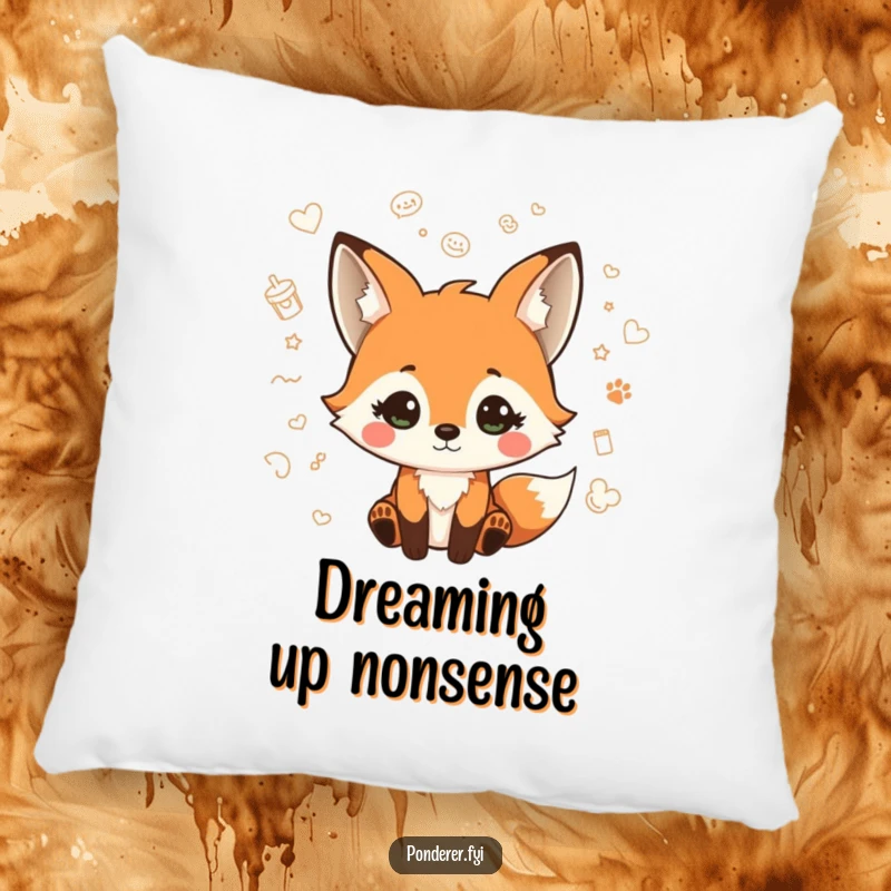 Funny pillow showcasing a playful fox character with a quizzical look, surrounded by charming floating doodles, offering cozy artistic comfort.