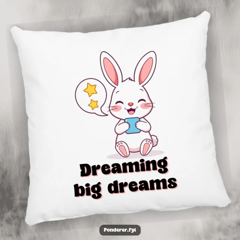 Funny pillow showcasing a cheerful rabbit character holding a speech bubble brimming with twinkling stars, offering cozy, humorous comfort.