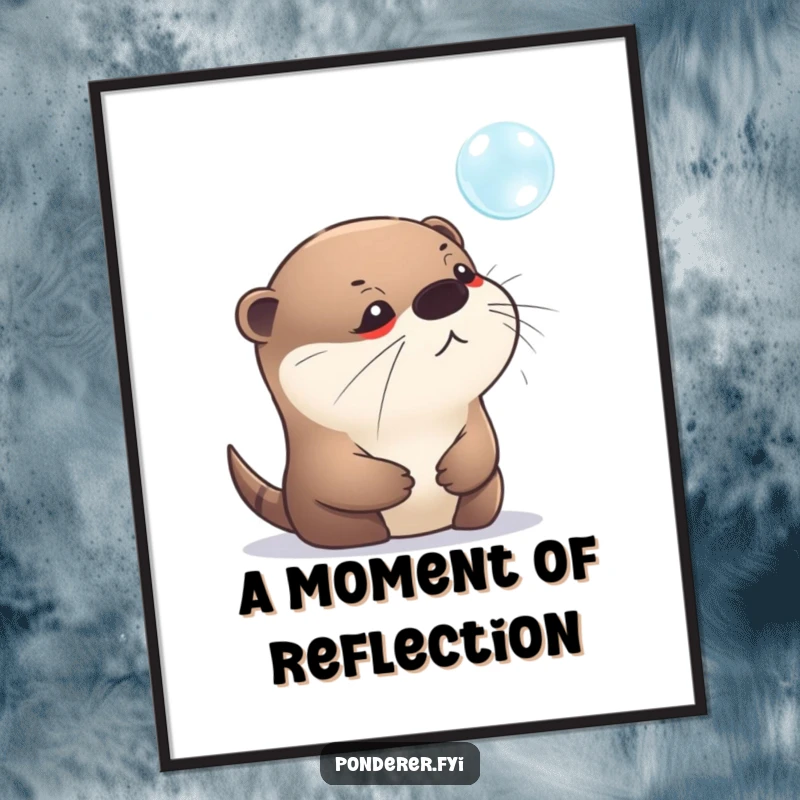 Funny digital art print of a pensive otter staring intently at a shimmering bubble. High-resolution humorous illustration.