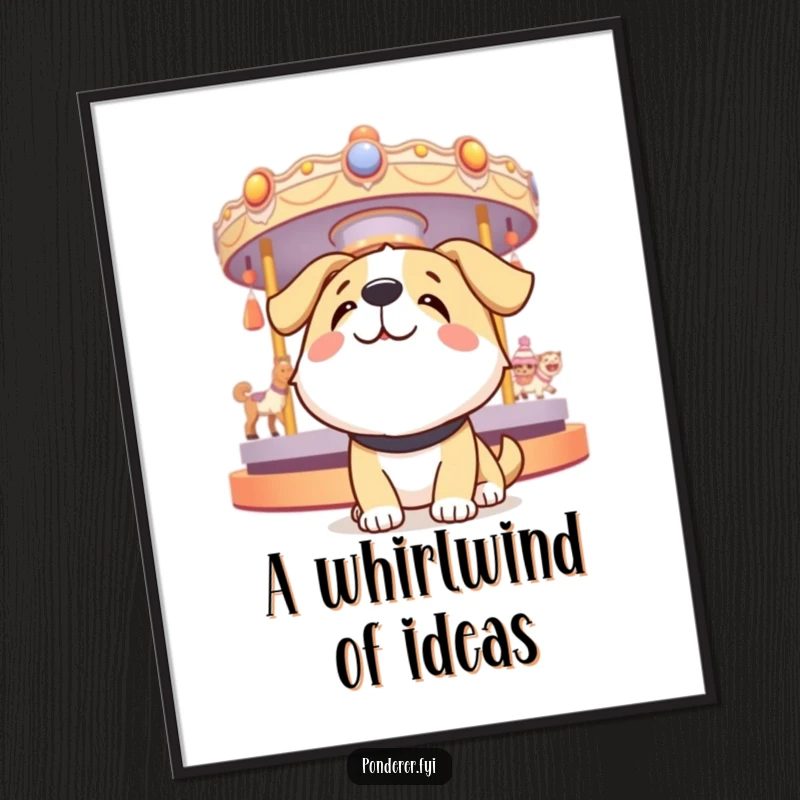 Funny dog digital art print of a happy dog looking up at a spinning carousel of thoughts, capturing joy and contemplation.