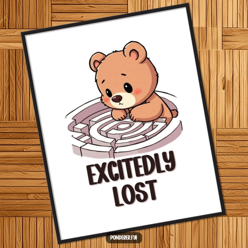 Funny bear cub labyrinth digital art print, cub examining a maze with excitement, humorous wall decor, printable gift.